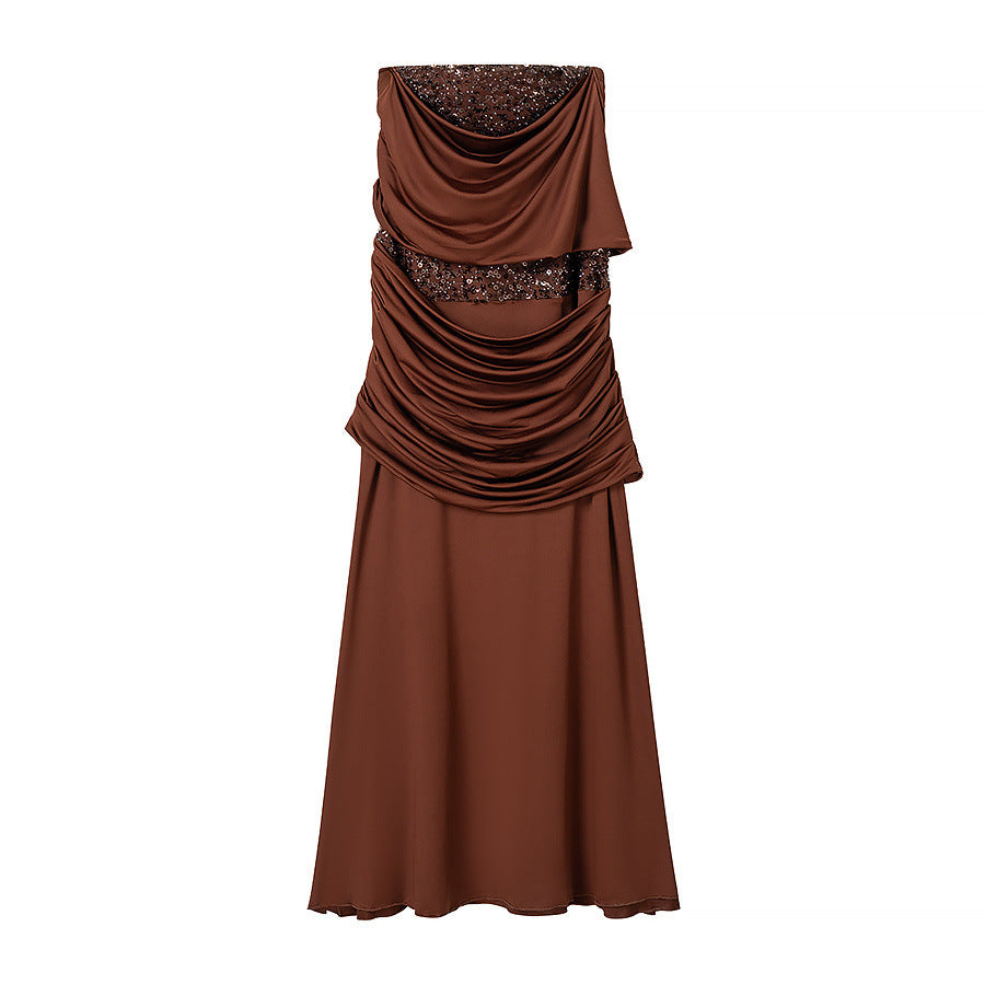 Ladies evening dress with off-the-shoulder draped top and sequin insert EVA-US