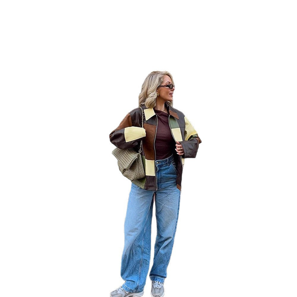 Women Patchwork Leather Jacket with Zipper and Oversize Boxy Cut EVA-US