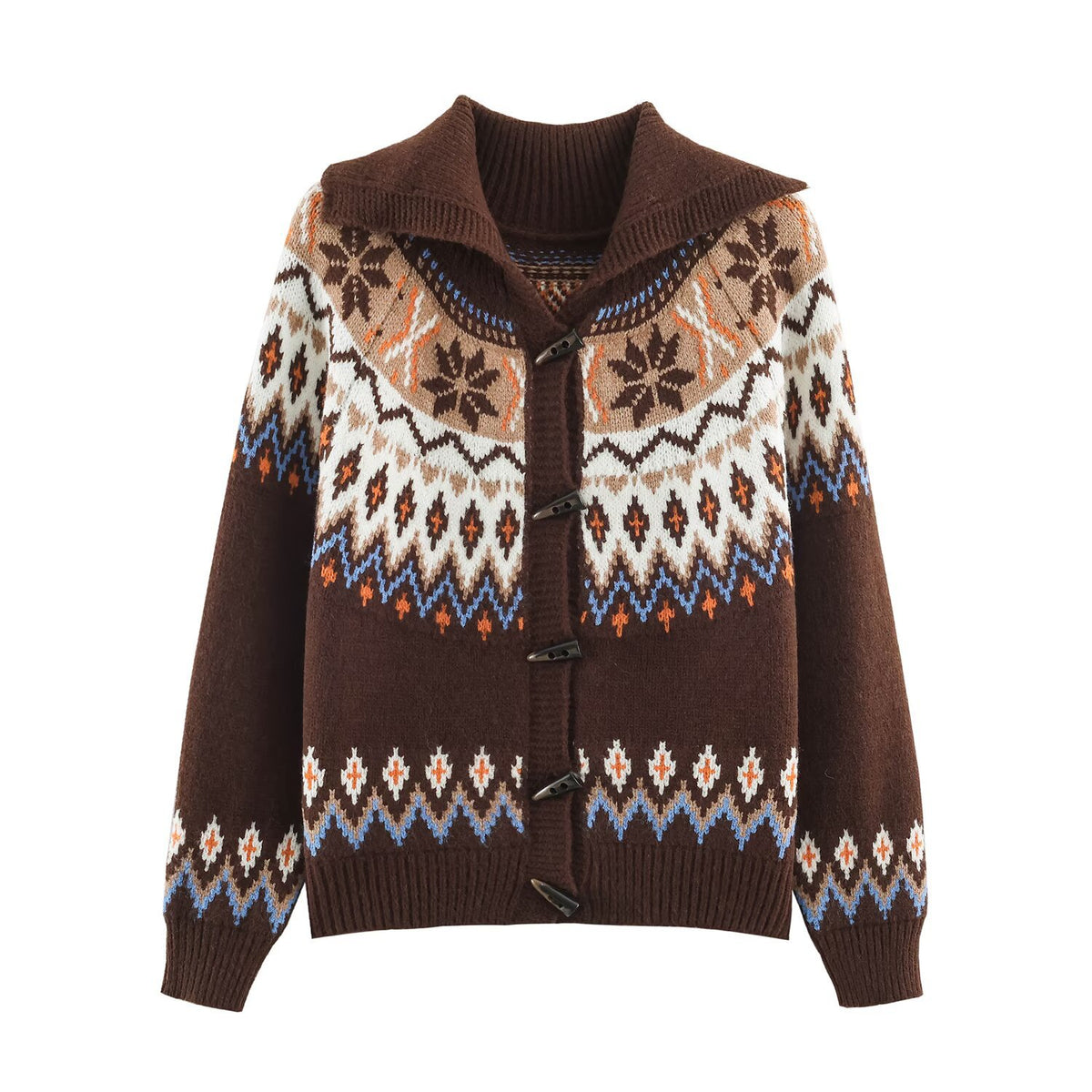 Women Chunky Knit Norwegian Cardigan with Shawl Collar and Horn Button Placket EVA-US