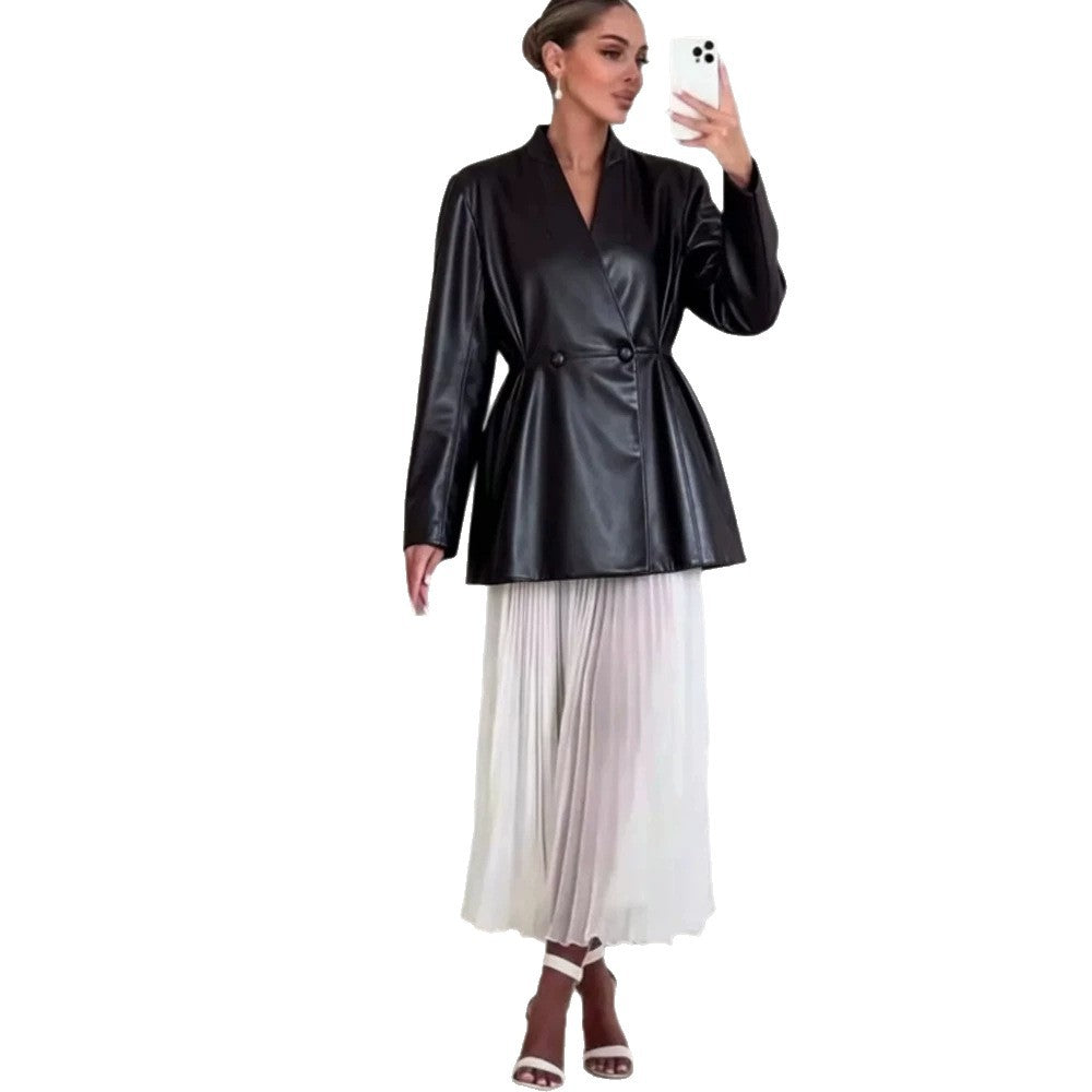 Women Tailored Wrap Blazer made of Imitation Leather with Flared Hem EVA-US