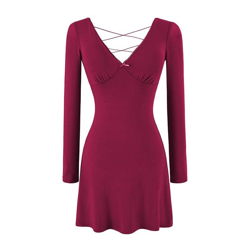 Ladies form-fitting mini dress with a deep V-neckline, gathered bust, and crossed back straps EVA-US