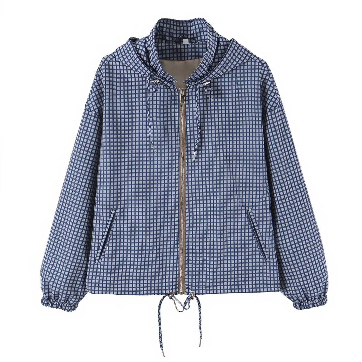 Women Lightweight Hooded Boxy Transitional Jacket with Check Grid Print, Drawstring and Elastic Cuffs EVA-US