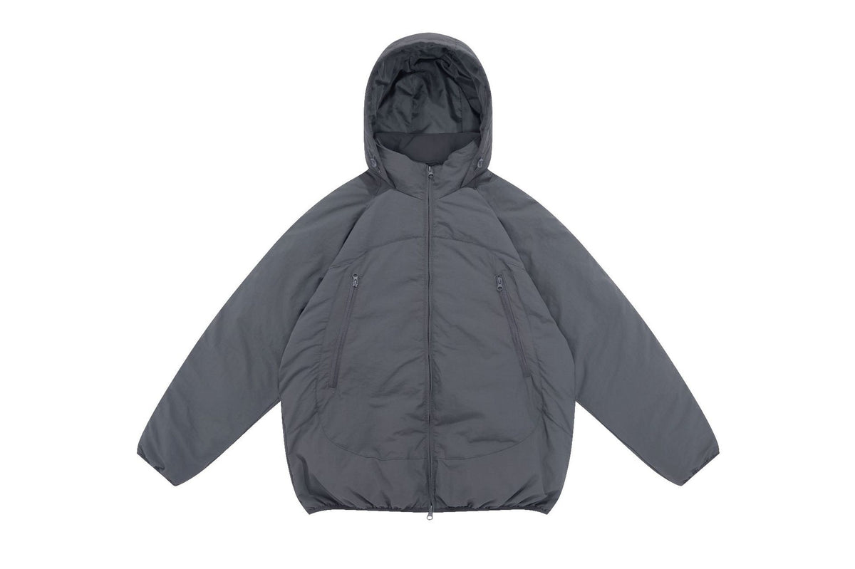 Unisex Voluminous Hooded Insulation Jacket in Boxy Cut with Concealed Zipper Pockets EVA-US