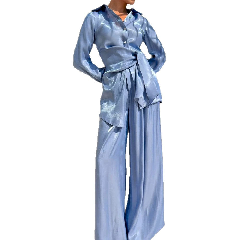 Ladies Two-Piece Silky Shirt and Palazzo Set with Wrap Waist EVA-US