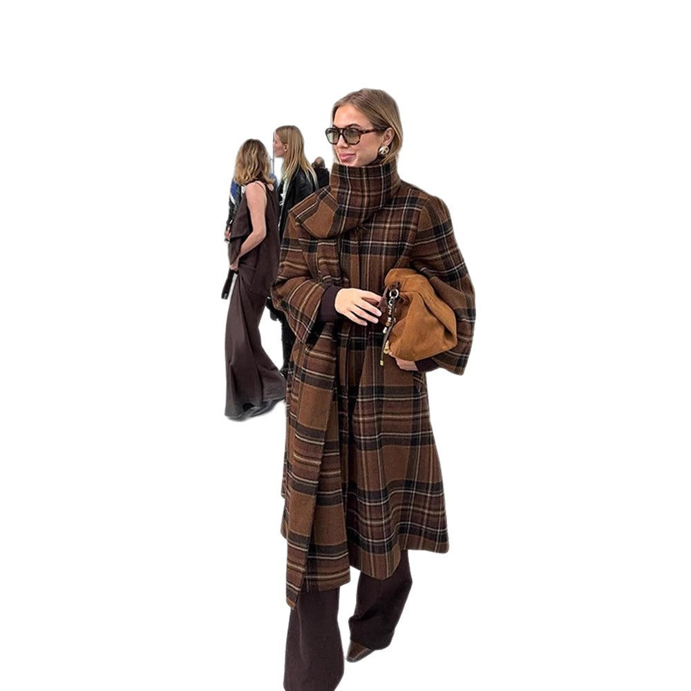Ladies long coat in check look made of wool mix with oversized stand-up collar and bell sleeves EVA-US