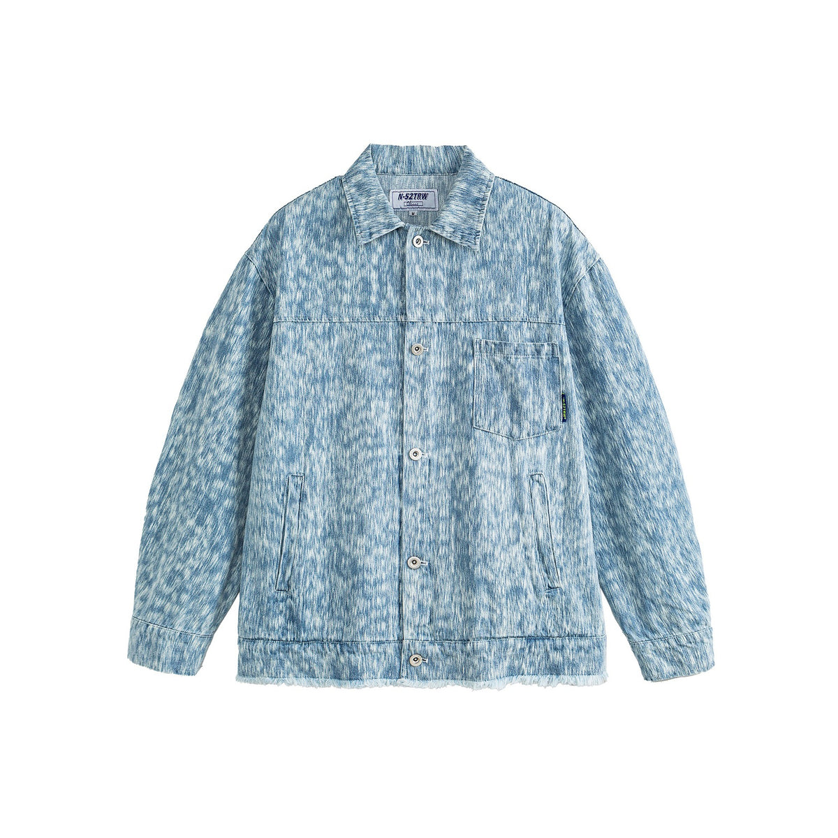 Unisex Oversized Denim Jacket with Frayed Hem and Texture Pattern EVA-US