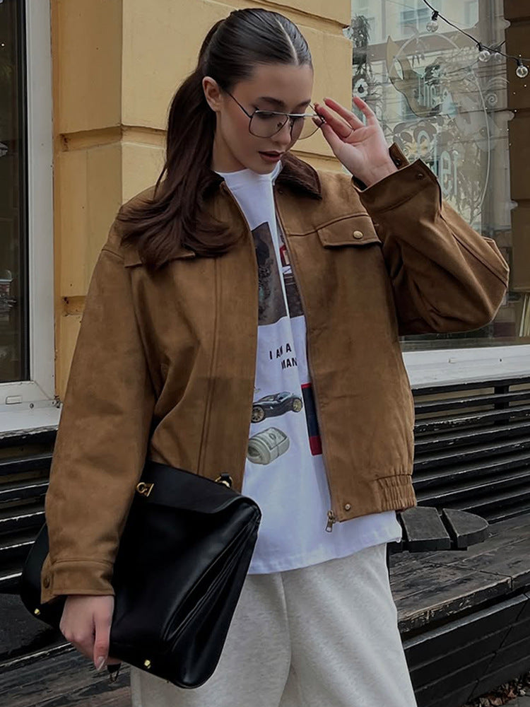 Women's Boxy Suede Blouson Jacket with Cord Collar and Teddy Lining EVA-US