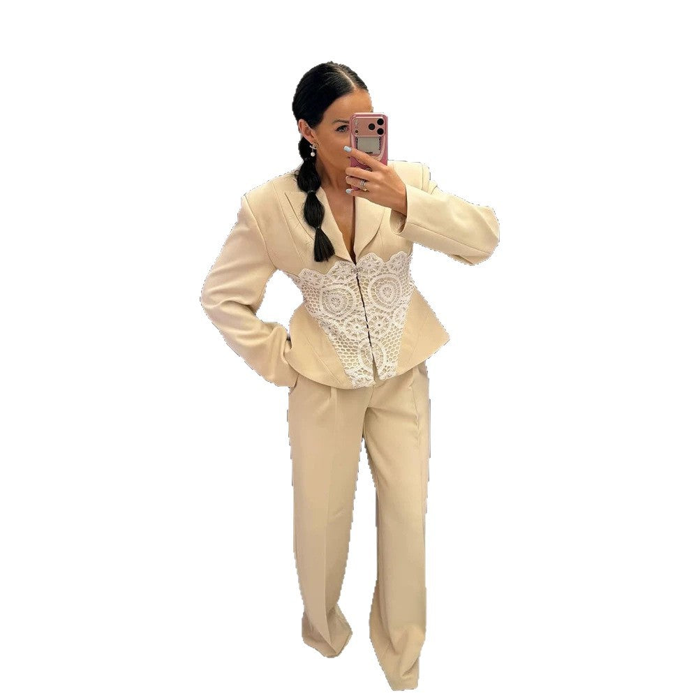 Women's Two-Piece Suit Set with Tailored Blazer, Lace Corset and Wide Palazzo Pants EVA-US
