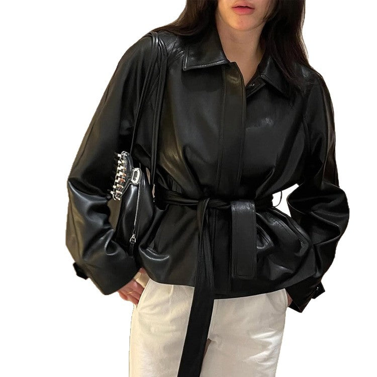 Women Tailorable Faux Leather Jacket with Wrap Belt and Boxy Silhouette EVA-US