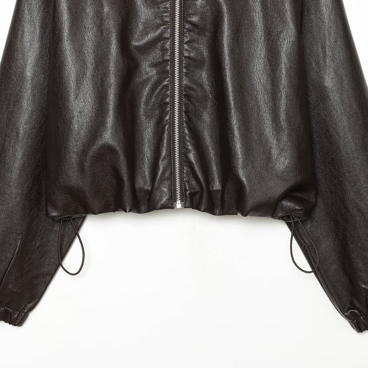 Women's Cropped Faux Leather Bomber Jacket with Hood, Drawstring and Elastic Cuffs EVA-US