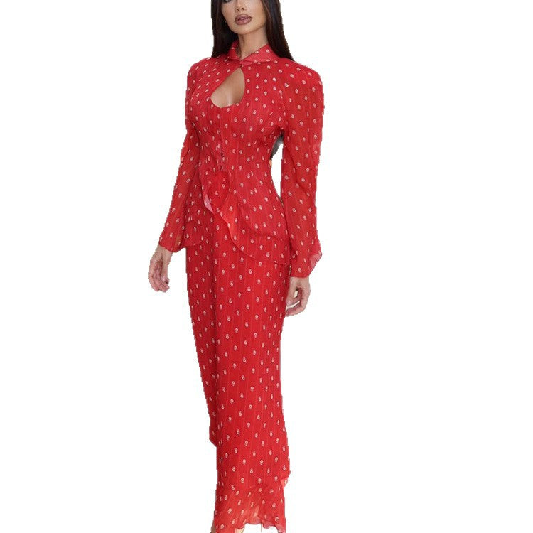 Women's Tailored Midi Dress with Keyhole Neckline, Peplum and Long Puff Sleeves EVA-US