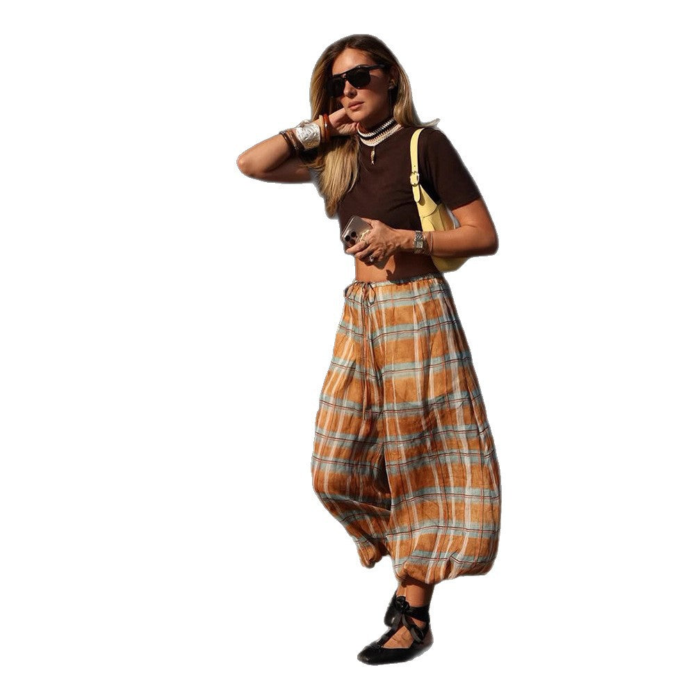 Women wide plaid harem pants with elastic waistband, drawstring & gathered ankle cuffs EVA-US