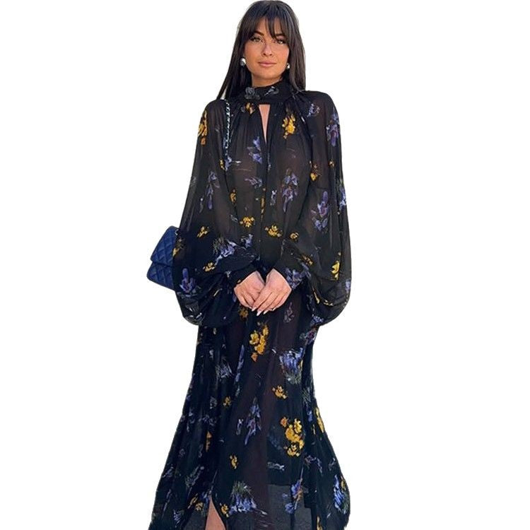 Women's Chiffon Maxi Dress with Stand Collar, Keyhole Neckline & Voluminous Balloon Sleeves EVA-US
