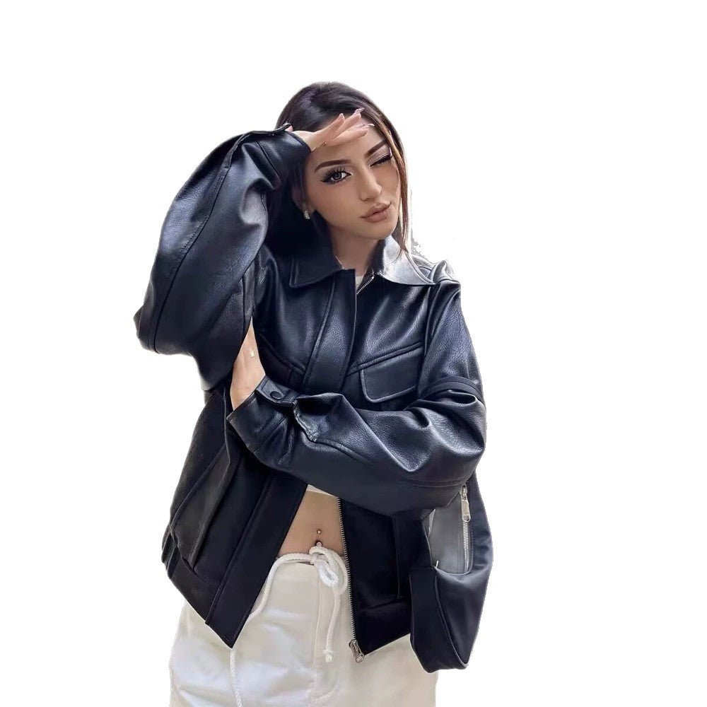 Ladies short-cut faux leather jacket in boxy cut with voluminous balloon sleeves EVA-US
