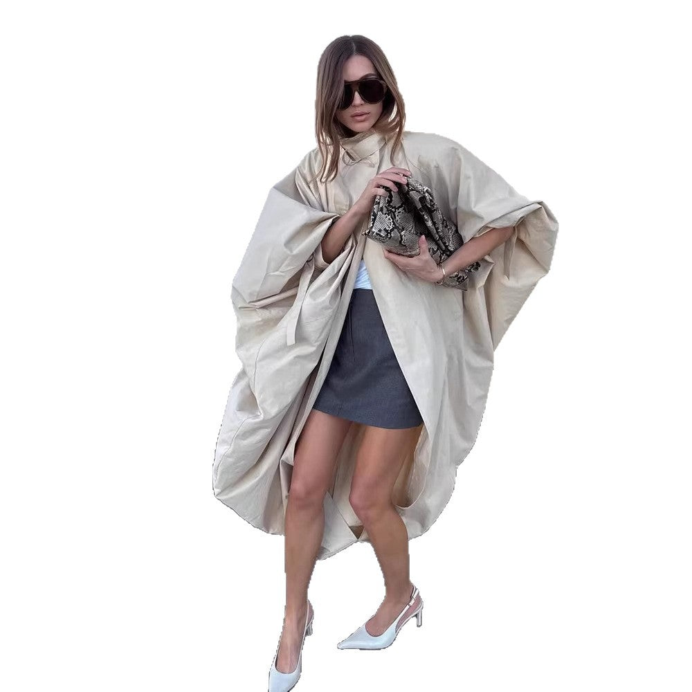 Women Oversize Cape Coat with Stand-Up Collar and Balloon-Shaped Silhouette EVA-US