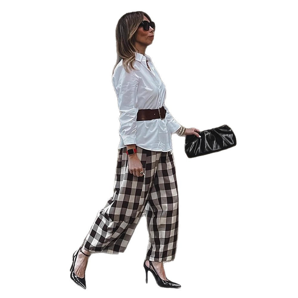 Women's Check High-Waisted Palazzo Pants with Wide Leg & Pleats EVA-US