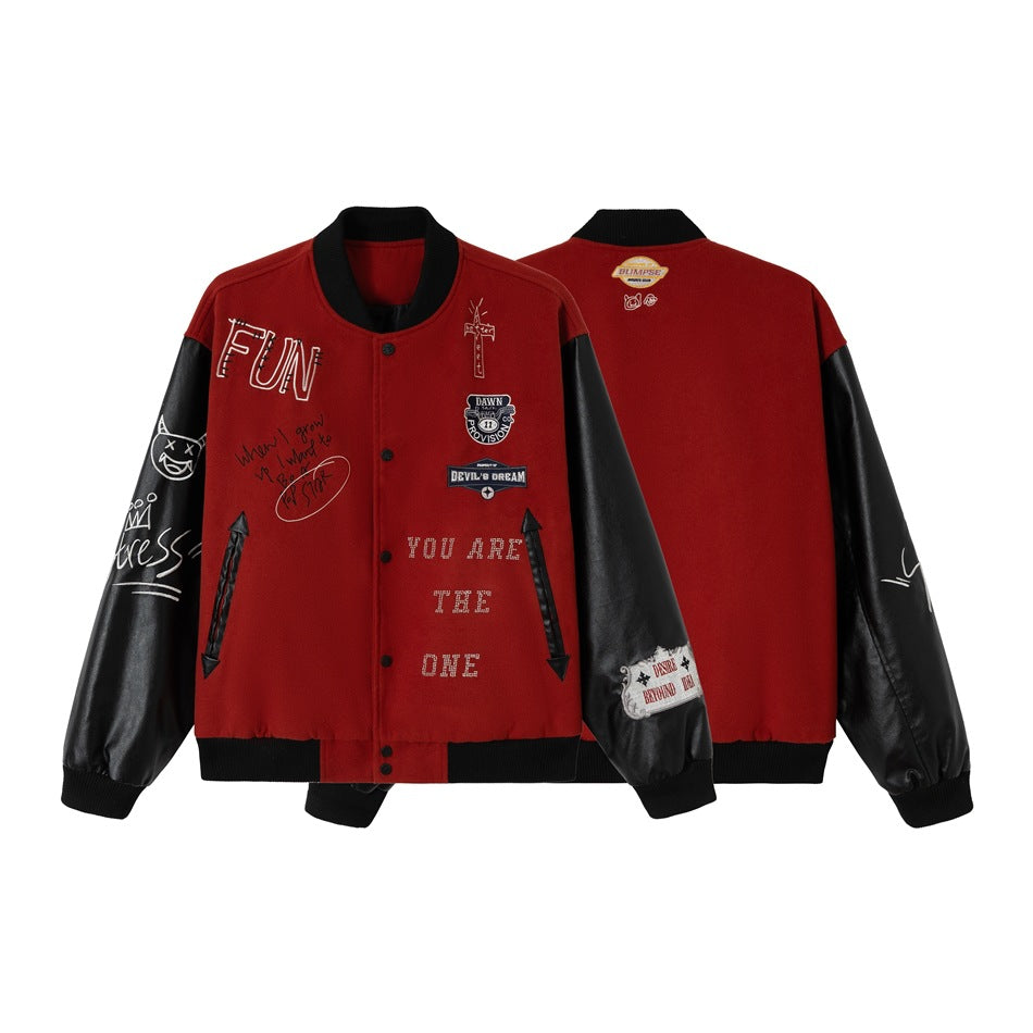 Unisex Varsity Bomber Jacket in College Look with Wool Blend Body and Faux Leather Sleeves EVA-US
