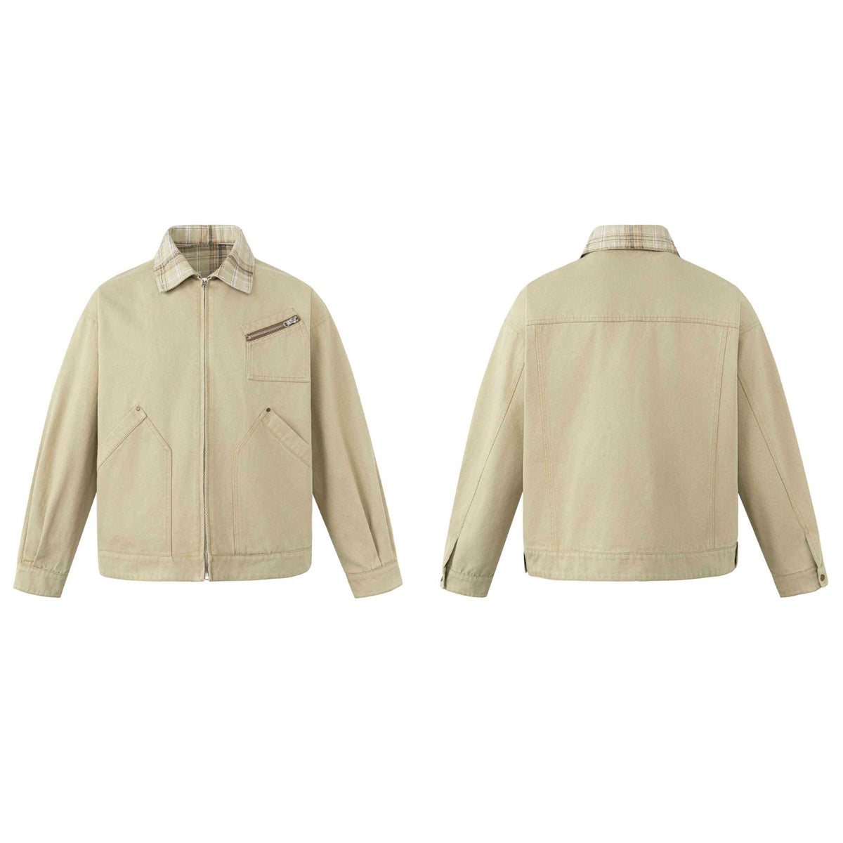 Men's short-cut canvas workwear blouson with check collar and zip chest pocket EVA-US