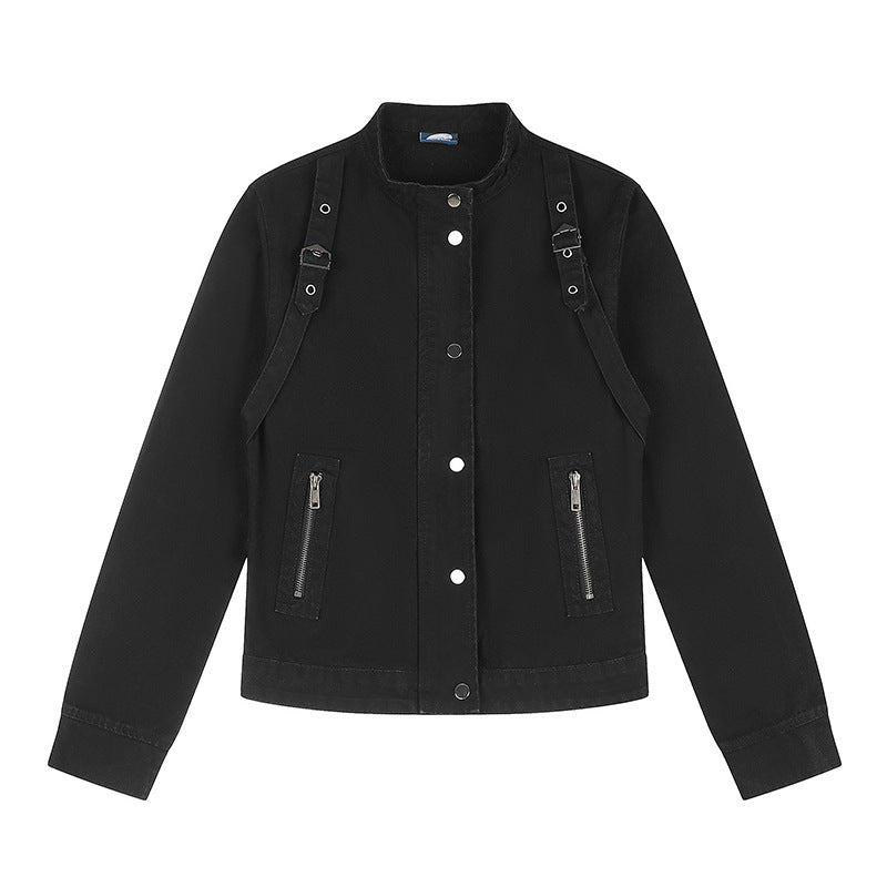 Women's Short Utility Jacket with Stand-Up Collar, Adjustable Shoulder Straps and Snap Closure EVA-US