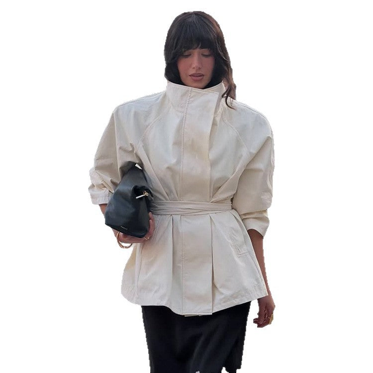 Women's Boxy Short Coat with High Stand Collar and Tied Belt EVA-US
