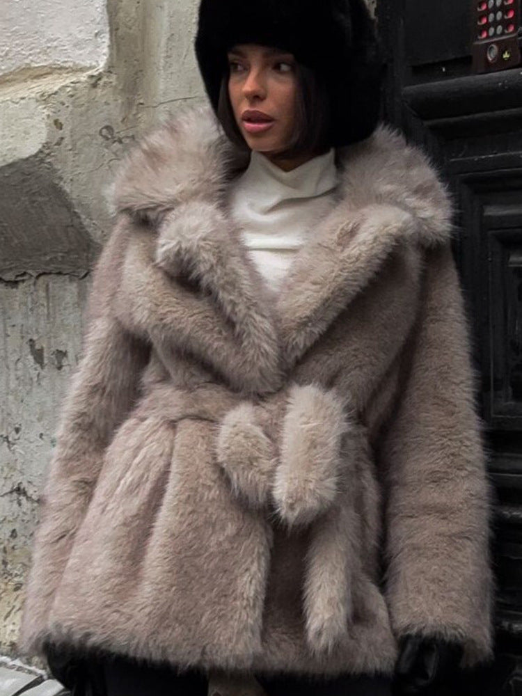 Ladies Voluminous Short Coat made of Faux Fur with Belted Waist and Oversized Shawl Collar EVA-US