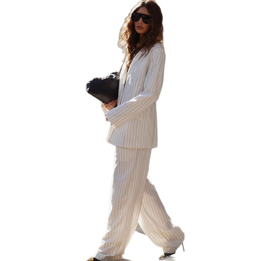 Women Two-Piece Pinstripe Suit Set with Oversized Blazer and Wide Pleated Trousers EVA-US