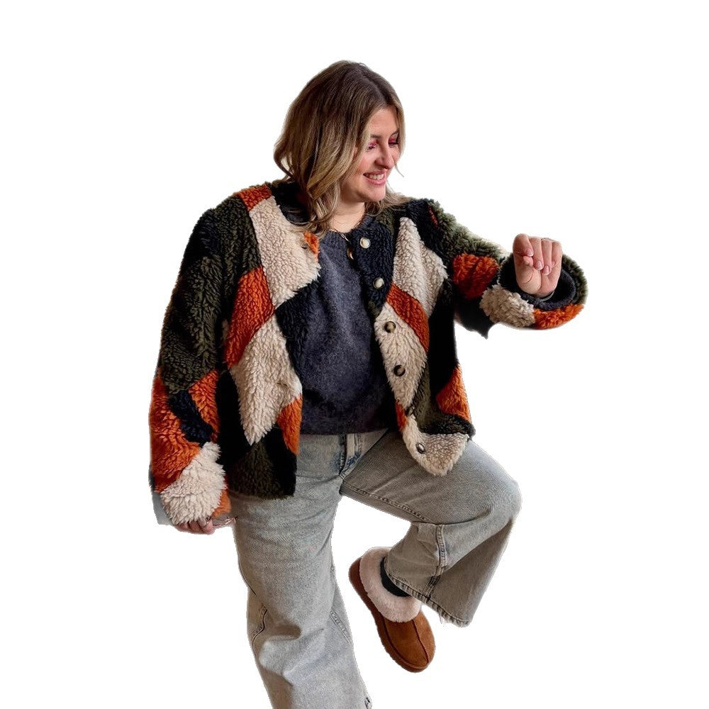 Women Short-Cut Patchwork Teddy Jacket with Textured Loop Fiber and Snap Button Placket EVA-US