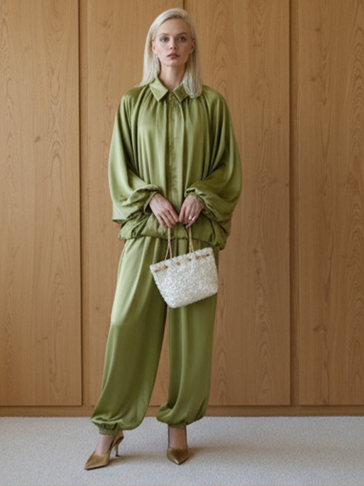 Women Elegant Satin Two-Piece Set with Oversize Blouse and Wide Palazzo Pants EVA-US