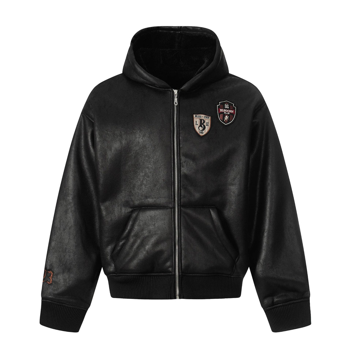 Men's hooded leather jacket with teddy lining and ribbed cuffs EVA-US