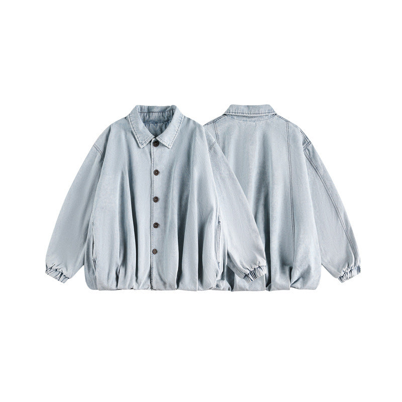 Unisex Lightweight Oversized Denim Jacket with Shirt Collar, Elastic Hem and Raglan Sleeves EVA-US