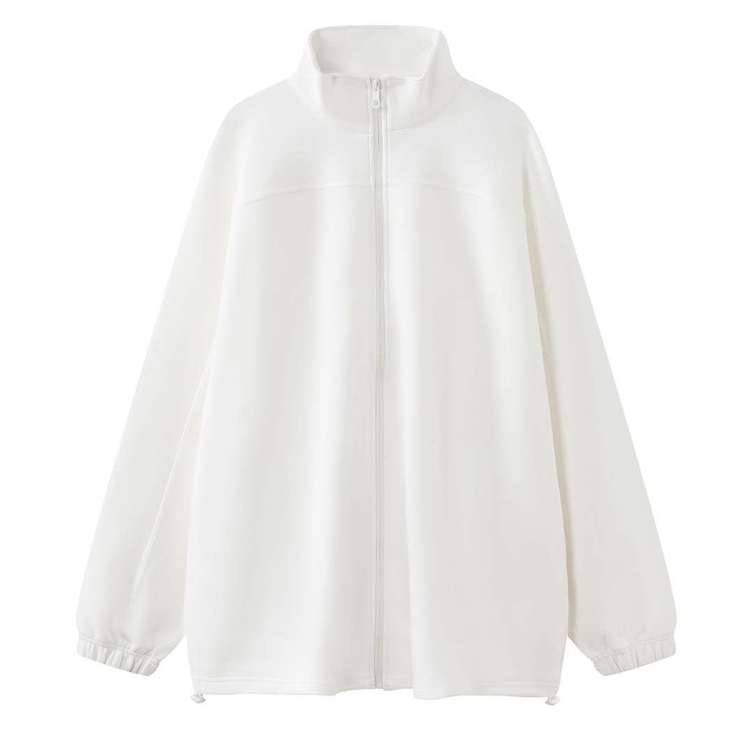 Women Oversize Zip Sweat Jacket with Stand Collar and Balloon Sleeves EVA-US