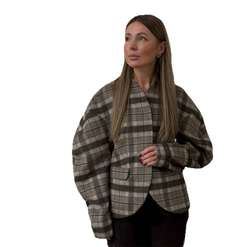 Women's Checked Boxy Blazer with Voluminous Balloon Sleeves EVA-US