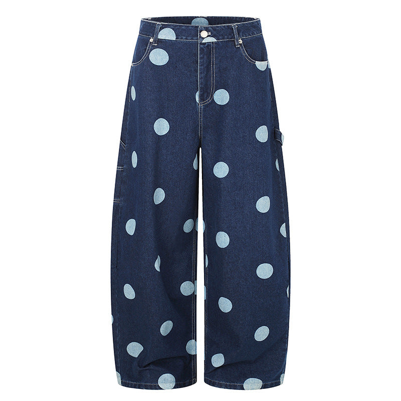 Women High-Waisted Wide Jeans Culotte with Polka Dot Print and Utility Details EVA-US