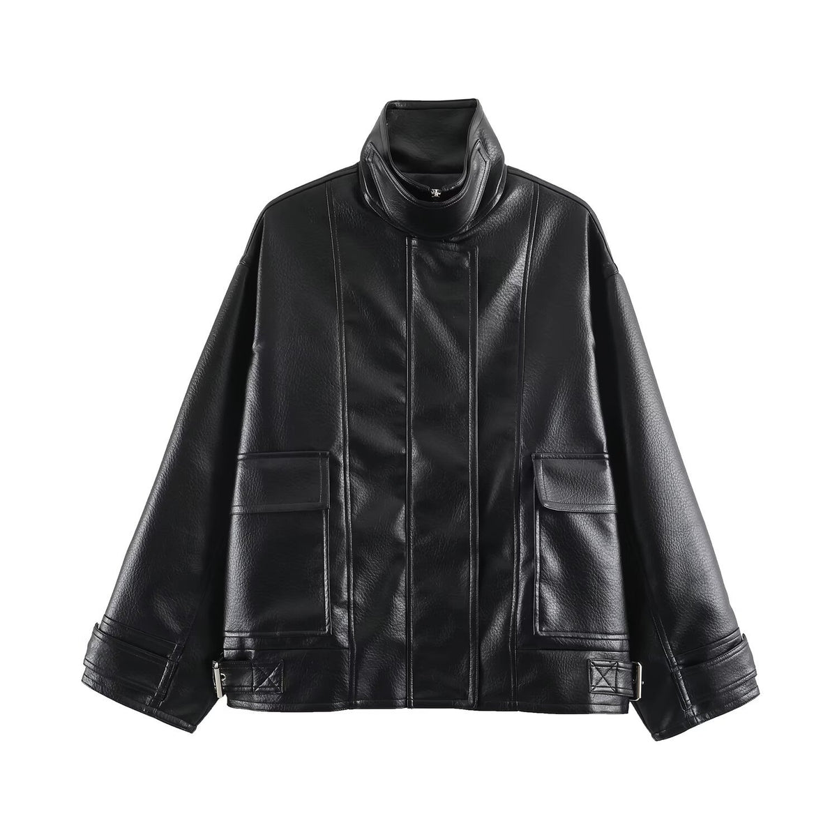 Women's Oversized Faux Leather Jacket with High Funnel Collar and Patch Pockets EVA-US