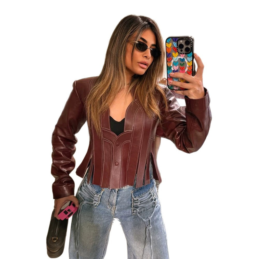 Women's short tailored blazer made of faux leather with corset sections EVA-US