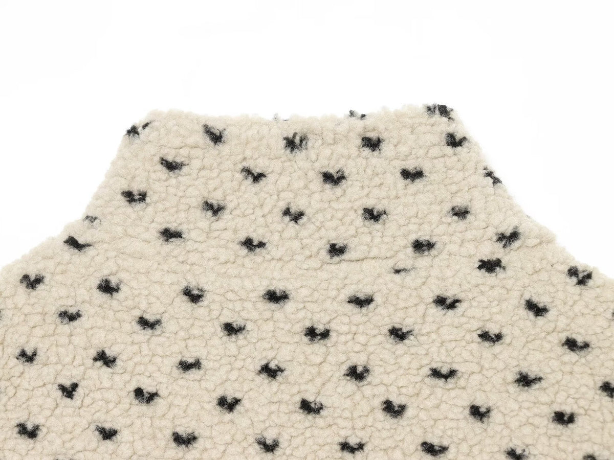 Women Short Teddy Jacket with Stand Collar and Polka Dot Pattern EVA-US