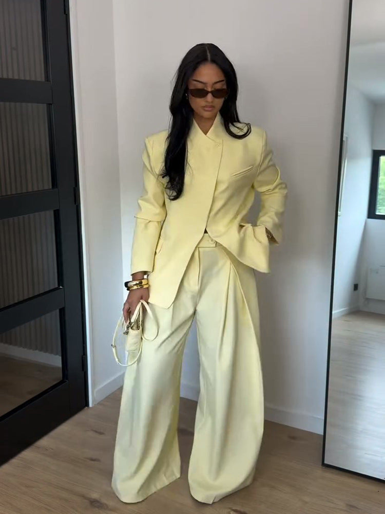 Women Two-Piece Oversized Blazer with Stand Collar and Wide Pleat Trousers EVA-US