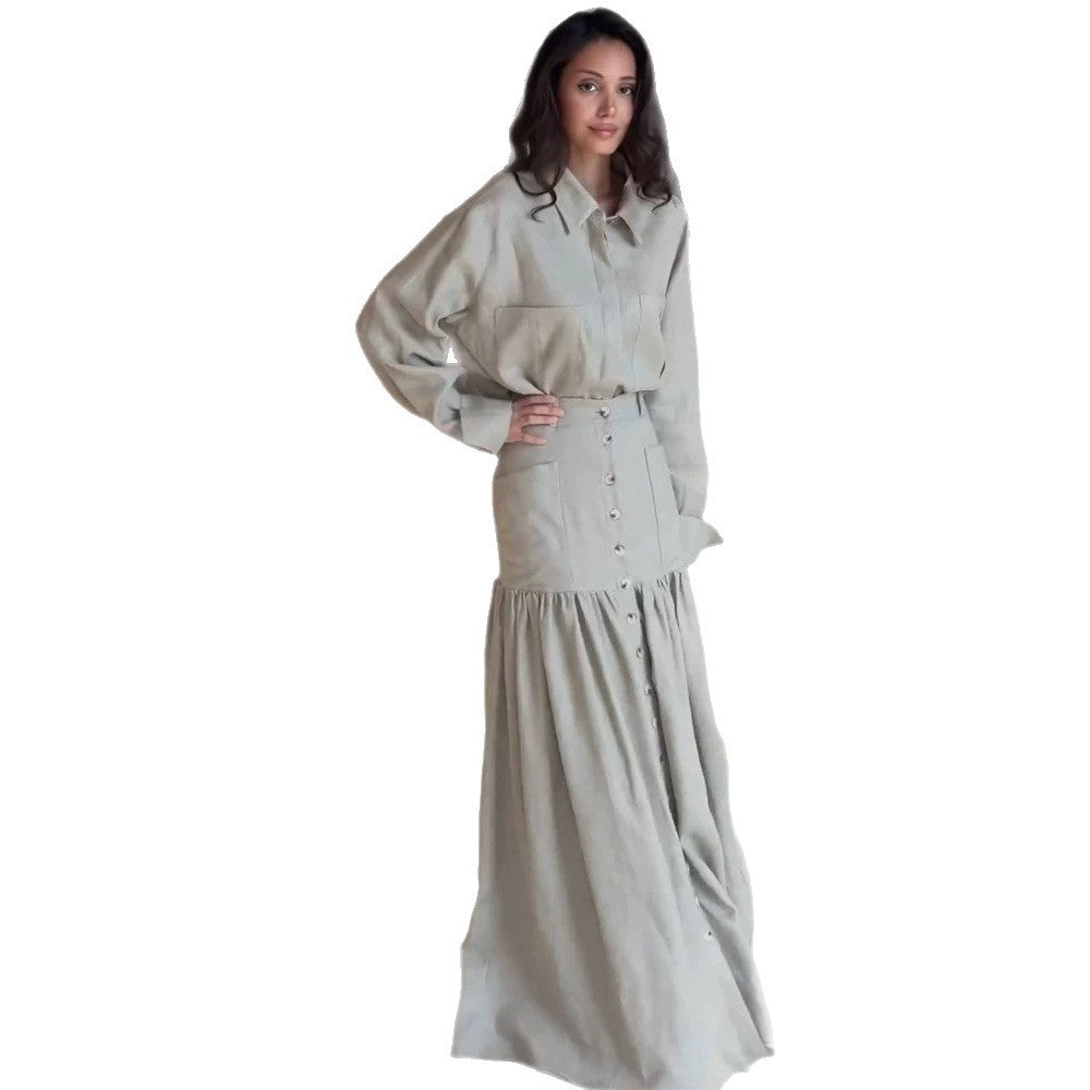 Women Two-Piece Oversized Shirt and Maxi Skirt Set with High Waist & Continuous Button Placket EVA-US