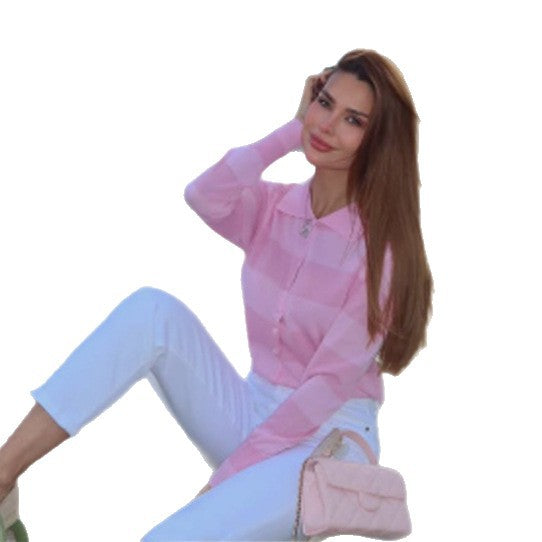 Women's Fine Knit Cardigan-Shirt with Button Placket and Shirt Collar EVA-US