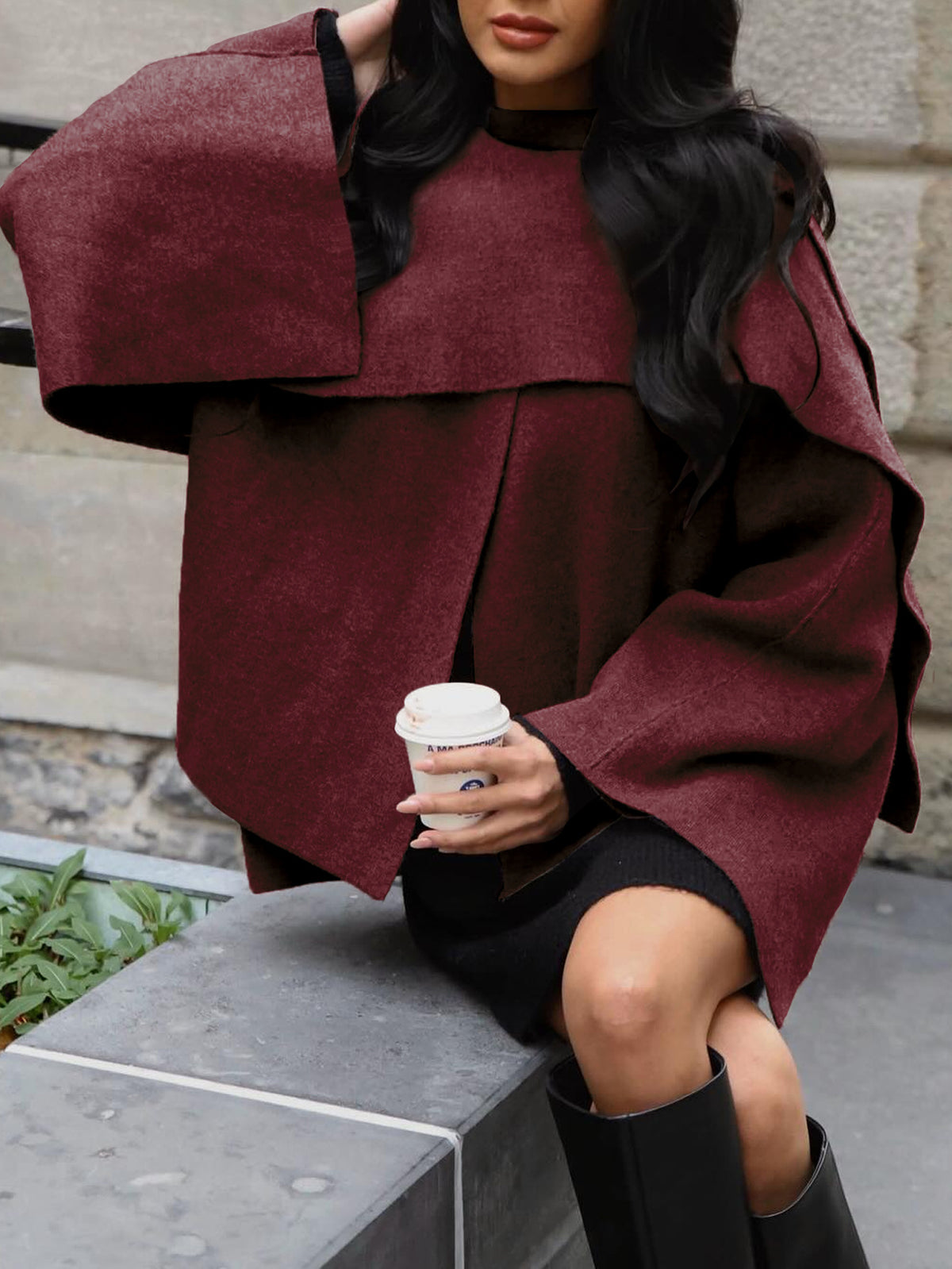 Women's Short Cape Jacket in Layered Look made of Wool Blend with Wide Batwing Sleeve EVA-US