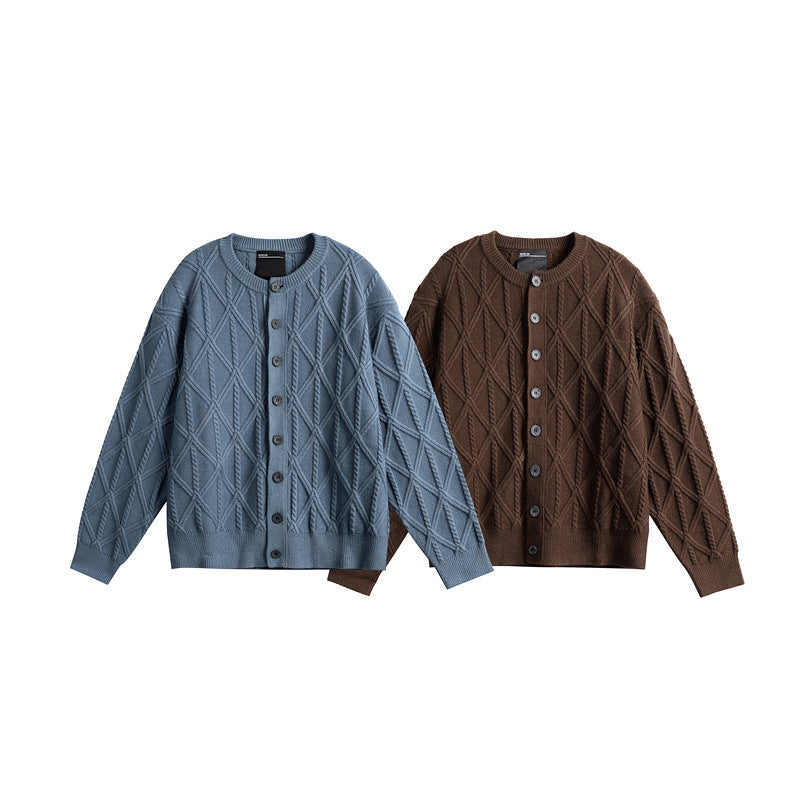 Ladies' knitted cardigan in boxy cut with textured diamond pattern, round neck and continuous button placket EVA-US