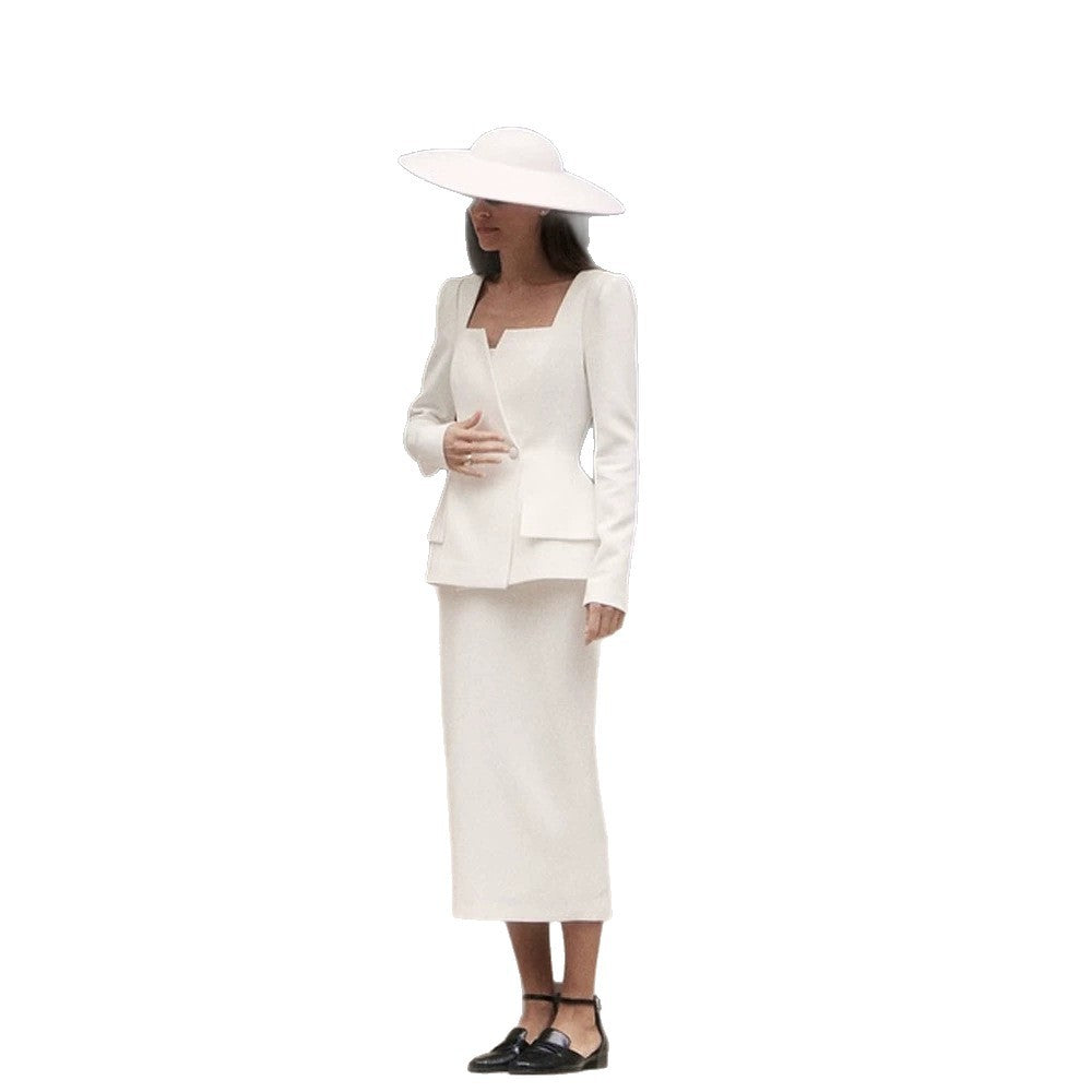 Women Fitted Suit Set with Distinct Angular Neckline and Peplum EVA-US