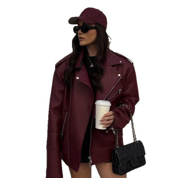 Women's Oversize Biker Jacket made of textured faux leather with asymmetrical zipper EVA-US