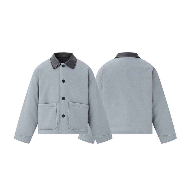 Unisex Short Blouson in minimalist Workwear look made of wool blend with leather look collar EVA-US