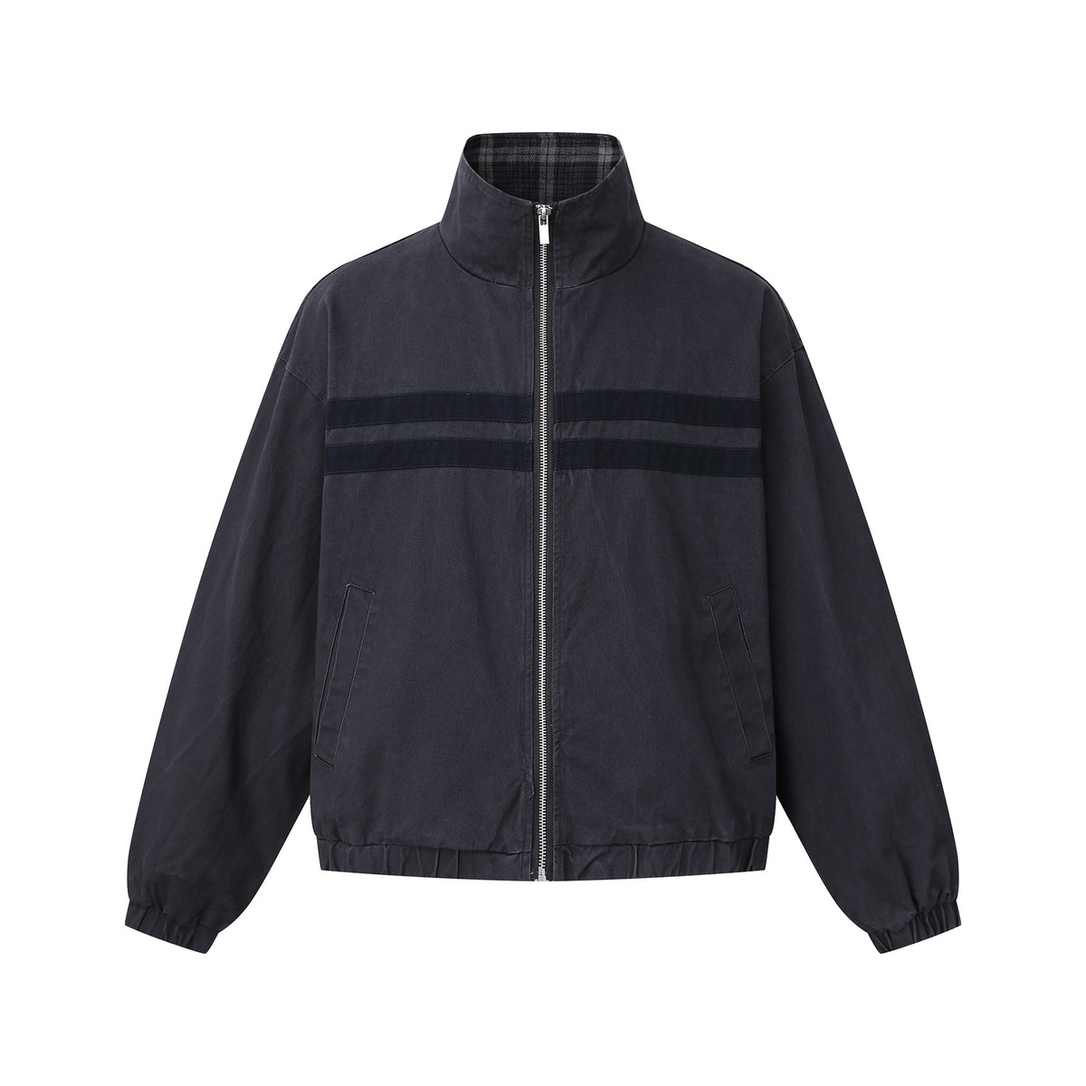 Unisex Short Cut Boxy Blouson Jacket with Stand-Up Collar and Horizontal Chest Piping EVA-US