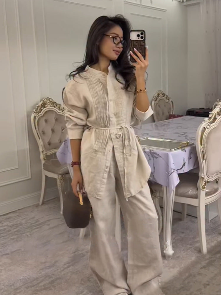 Women Long Shirt Blouse with Fine Pleats, Stand Collar and Tied Belt EVA-US