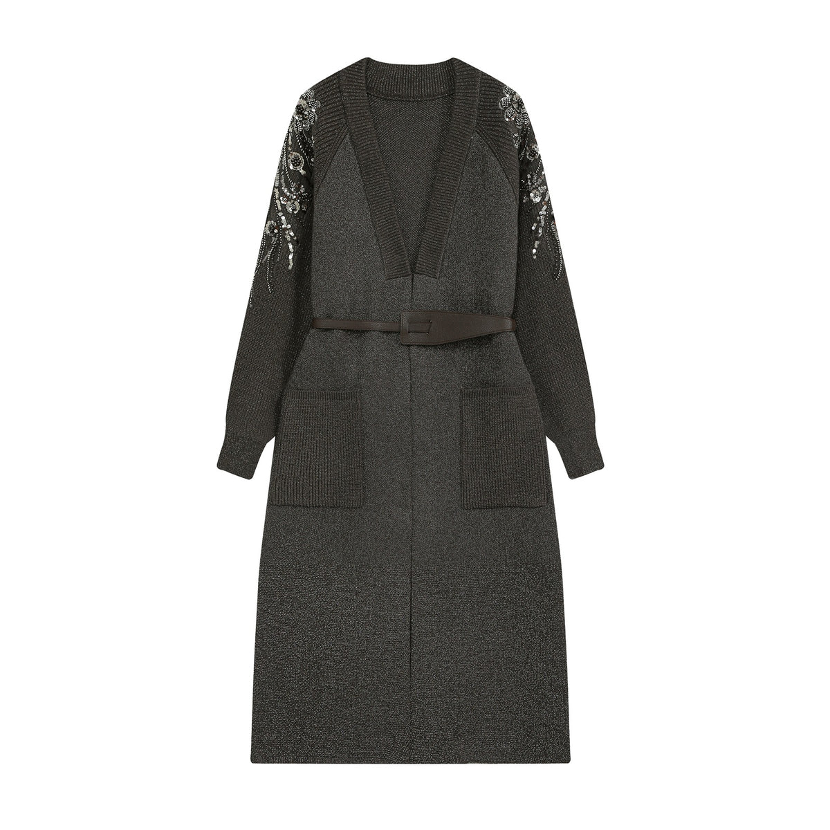 Women's knit midi dress with deep V-neck, waist belt, and sequin-adorned sleeves EVA-US