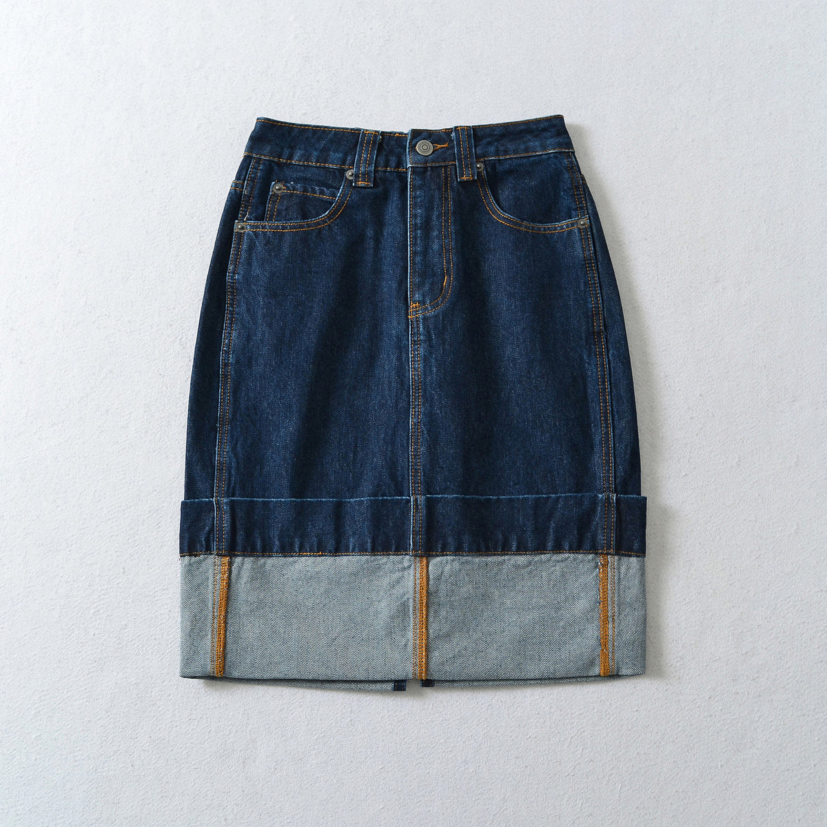 Women's High-Waisted Midi Skirt Made of Denim with Visible Seams and Turned-Up Hem EVA-US
