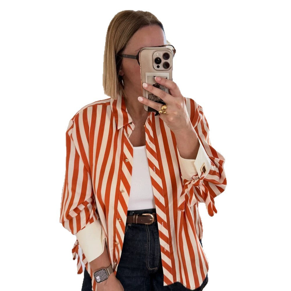 Women Striped Oversized Shirt Blouse with Ties on Sleeves and Concealed Button Placket EVA-US
