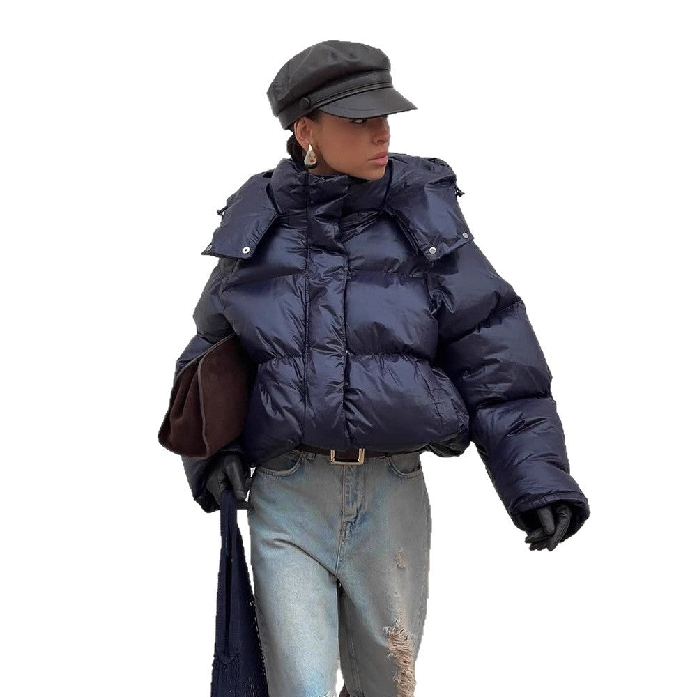 Ladies short cut glossy oversized quilted jacket with high collar EVA-US